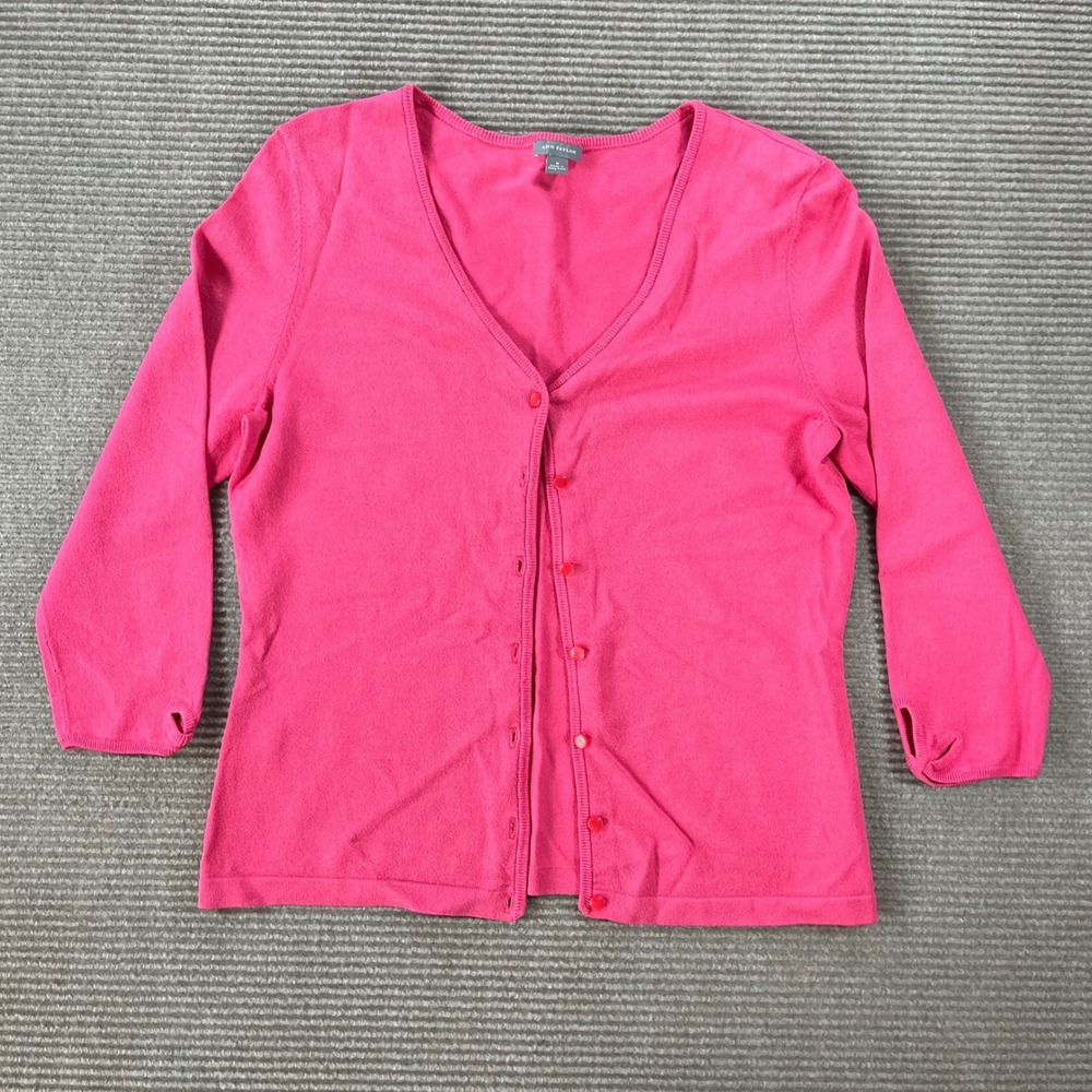 Ann Taylor Pink V-Neck Button Front Cardigan Sweater 3/4 Sleeve Cutout Cuff Sz M